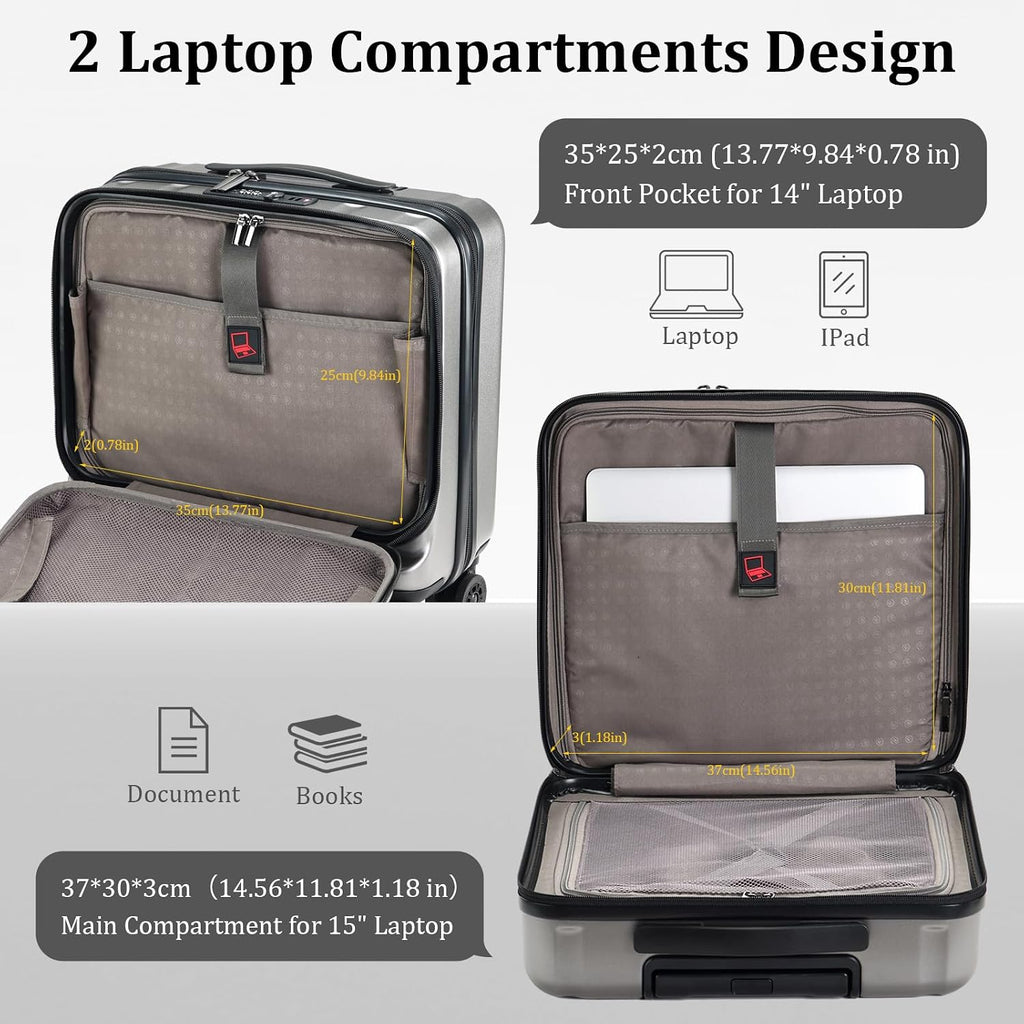 16 Inch Carry On Luggage with 2 Compartments for 14' & 15' Laptop, 16.14*8*17.12' Rolling Briefcase, Lightweight Hardshell ABS+PC Suitcase with Spinner Silent Wheels, for Business Trip, Dark Gray