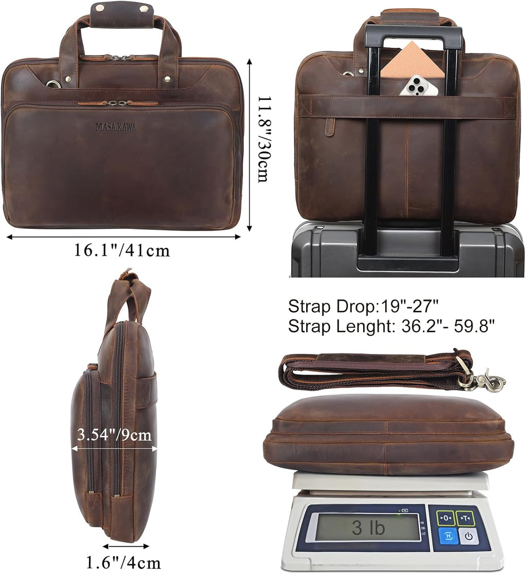 Masa Kawa Leather Laptop Briefcase for Men Fits 15.6' 16' Computer Slim Crossbody Shoulder Messenger Bag Attache Case for Business Work, Vintage Brown