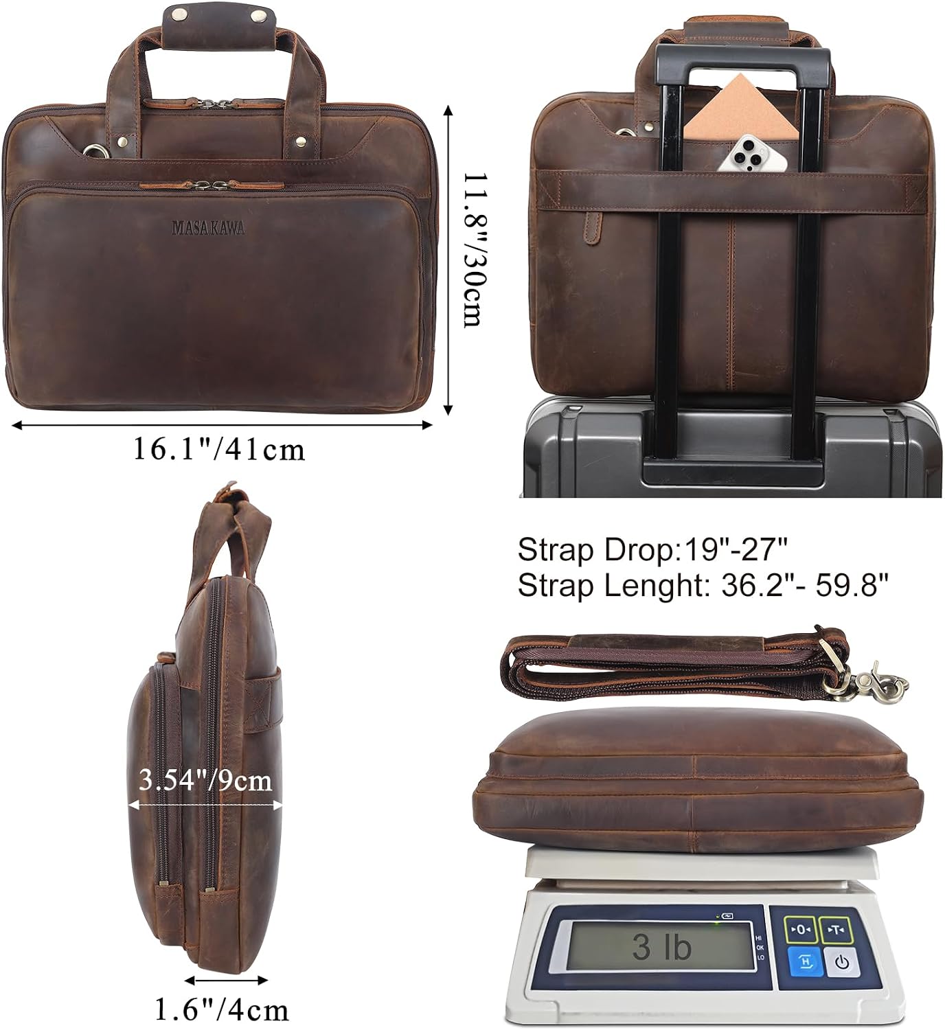 Masa Kawa Leather Laptop Briefcase for Men Fits 15.6' 16' Computer Slim Crossbody Shoulder Messenger Bag Attache Case for Business Work, Vintage Brown