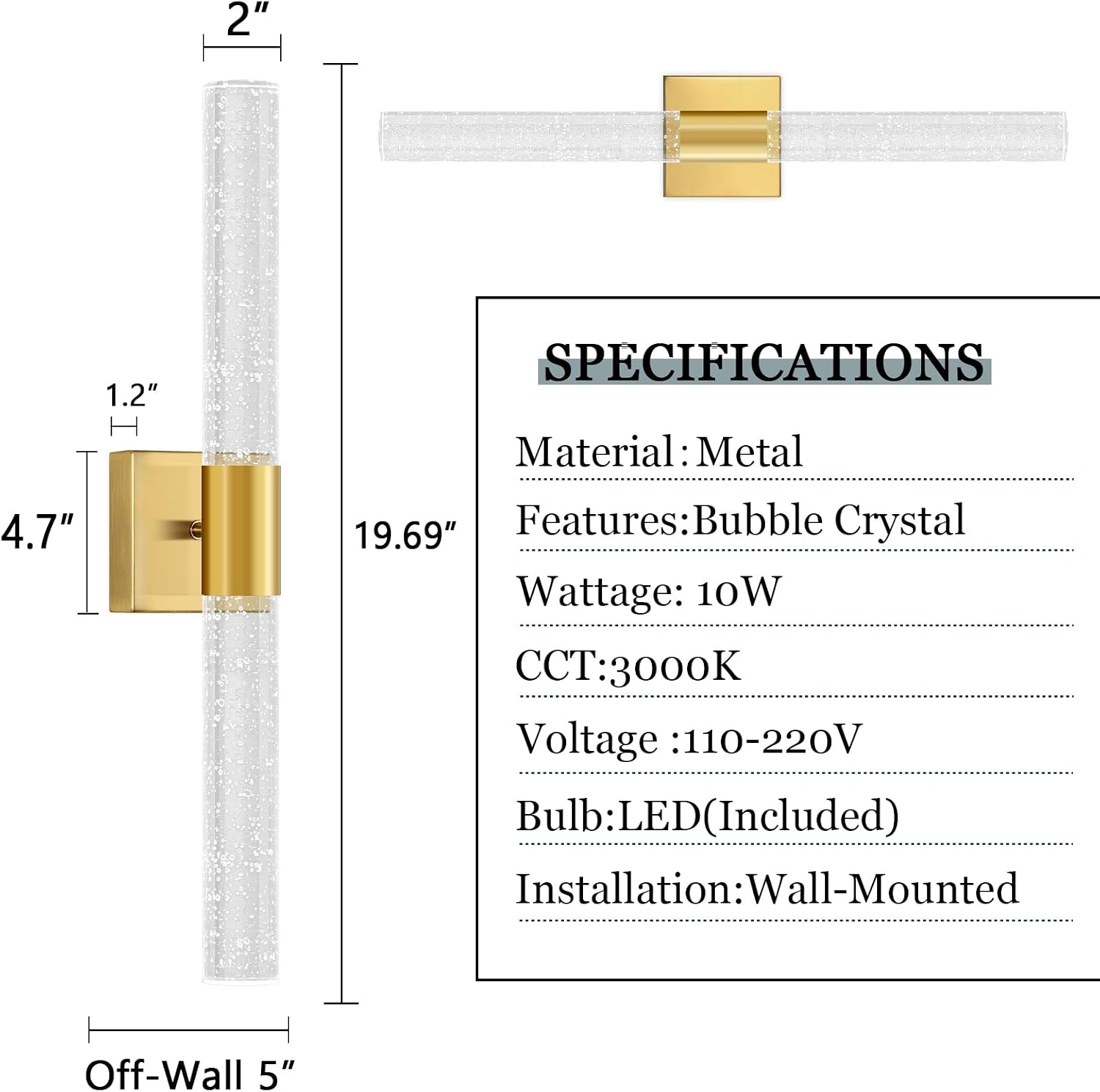 Brushed Gold LED Wall Sconces Set of 2 with LED Warm Light Interior Glam Crystal Wall Light, Hardwired