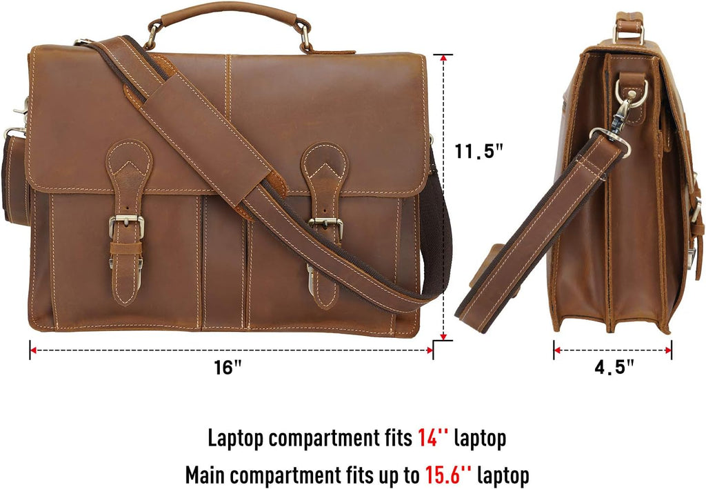 Polare 16' Full Grain Leather Messenger Bag Laptop Briefcase Bag Professional Work Bag For Men with YKK Zippers