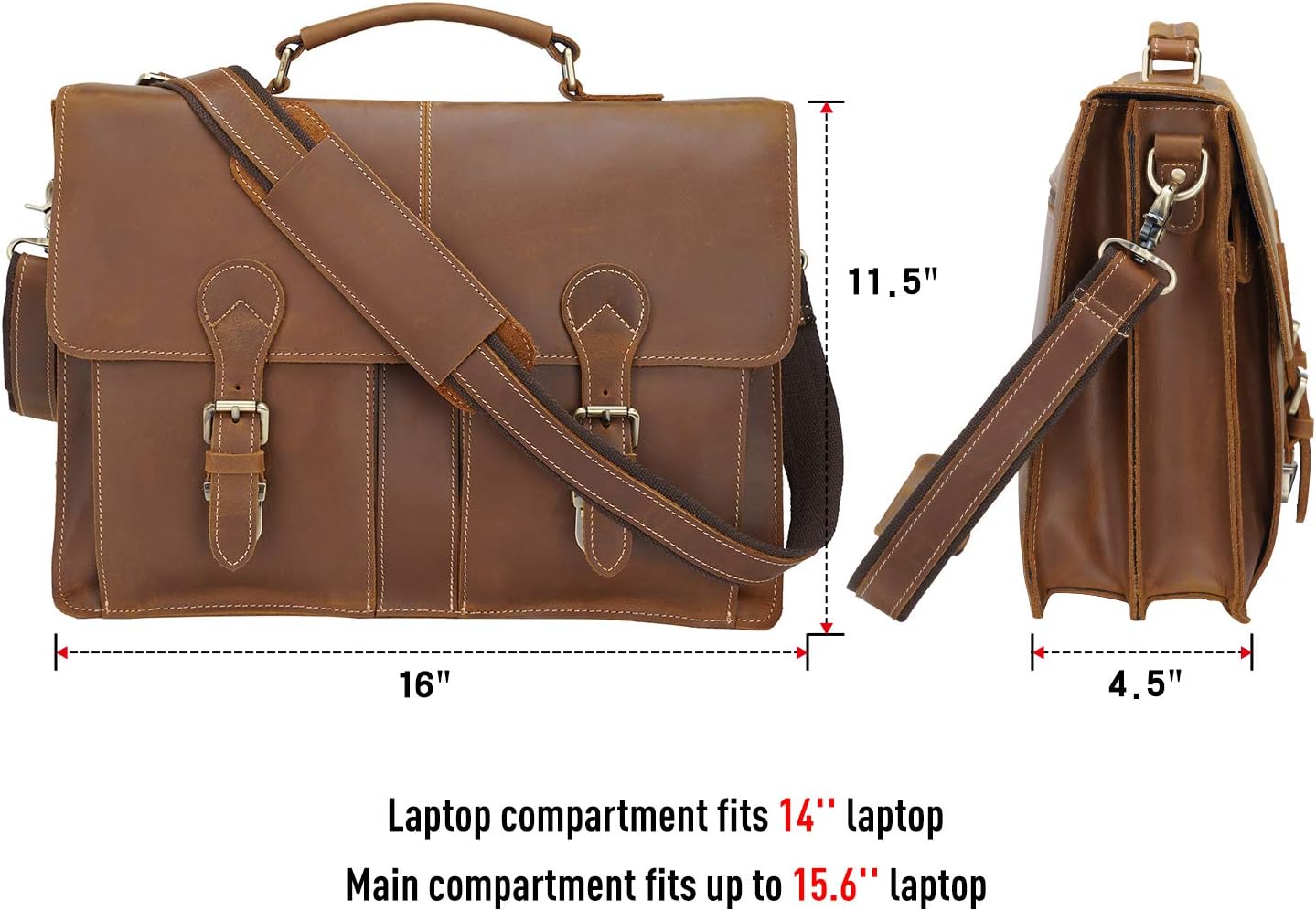 Polare 16' Full Grain Leather Messenger Bag Laptop Briefcase Bag Professional Work Bag For Men with YKK Zippers