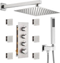 MONDAWE 12 Inch Thermostatic Shower System in Brushed Nickel, Wall Mounted Shower Head with Handheld Spray and 6 Body Jets, High Pressure Bathroom Shower Faucet Set with Thermostatic Valve