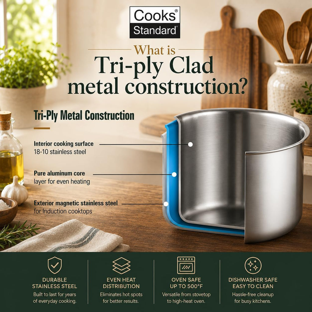 Cooks Standard 10-Piece Tri-Ply Clad Stainless Steel Cookware Set | Includes Saucepan, Steamer & Stockpot with Lids & Fry Pan. Aluminum Core for Even Heat. Oven & Dishwasher Safe