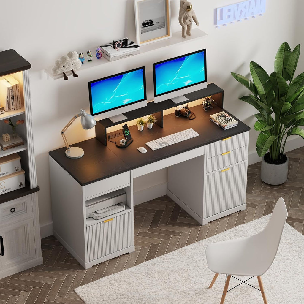 Fluted Desk with Drawers, 63' Home Office Executive Desk with Lift Top, Filing Cabinet, Gaming Desk Charging Station, Sensor Lights, Computer Table with Monitor Stand, White