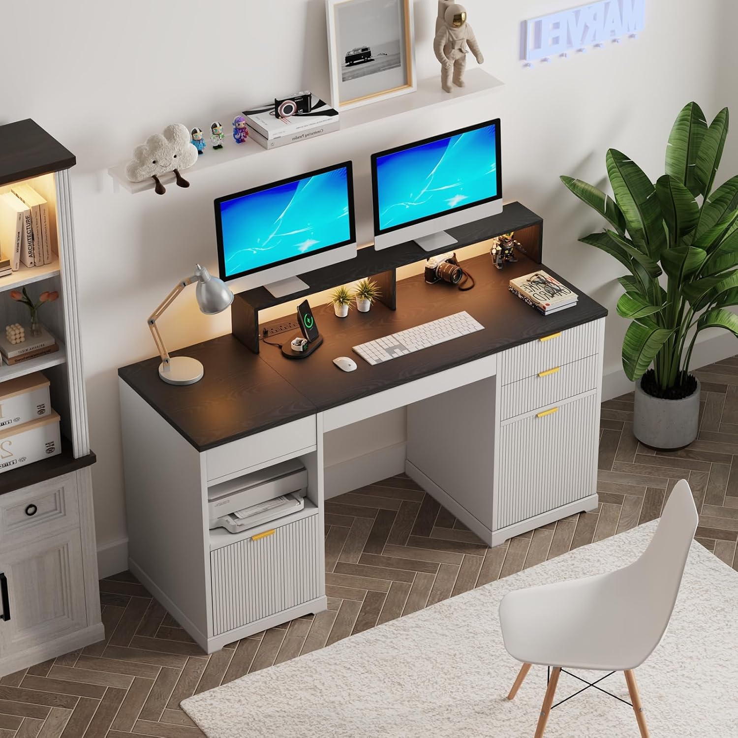 Fluted Desk with Drawers, 63' Home Office Executive Desk with Lift Top, Filing Cabinet, Gaming Desk Charging Station, Sensor Lights, Computer Table with Monitor Stand, White