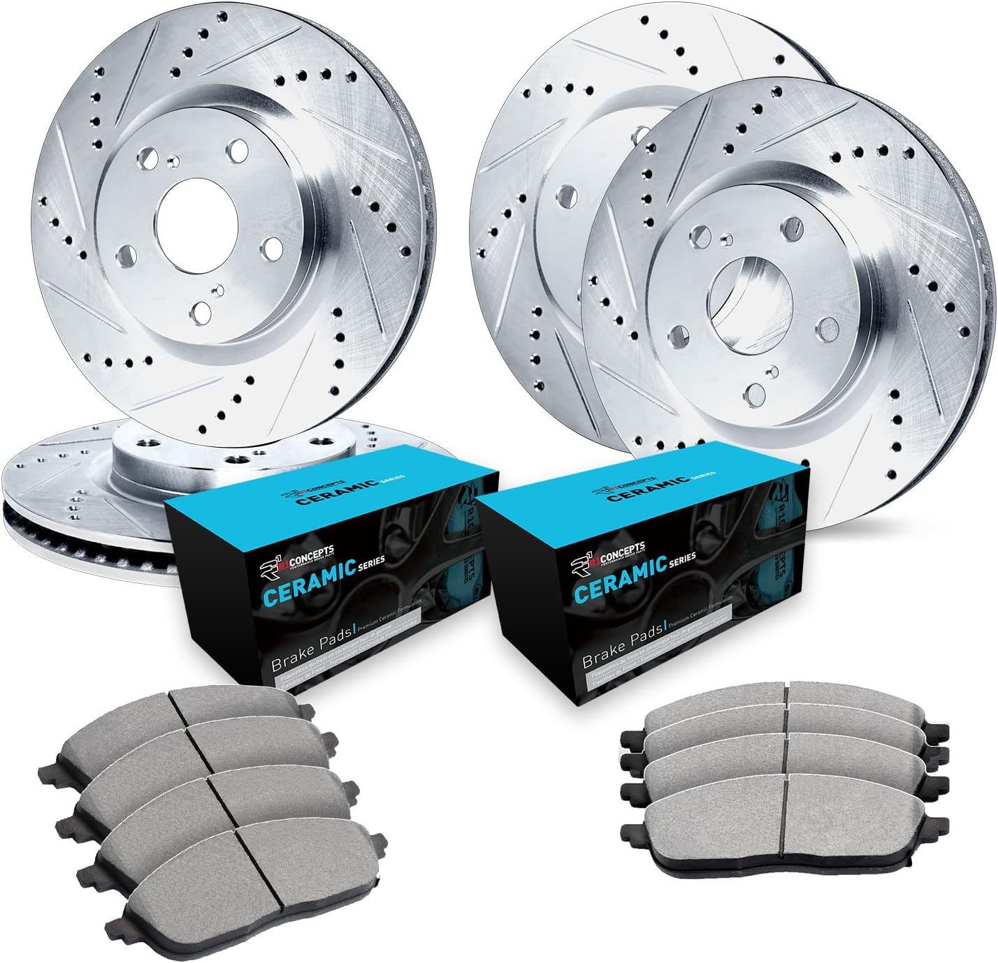 R1 Concepts Front and Rear Brake Kit| Ceramic Brake Pads and Drilled Slotted Brake Rotors| WGWN2-75013 | 13.1' Front & 12.2' Rear