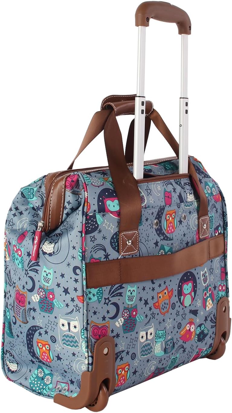 Lily Bloom Designer Under the Seat Tote Cabin Luggage Collection - 15 Inch Patterned Carry on Bag For Women - Lightweight Suitcase with 2 Rolling Wheels (Night Owl)
