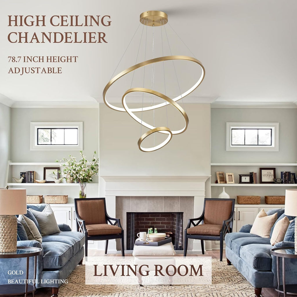 3 Ring Modern LED Chandelier Gold Dimmable Round Chandeliers, LED Circular Pendant Light Fixture with Remote Control for Living Room, Dining Room, Office, Entry, Bedroom