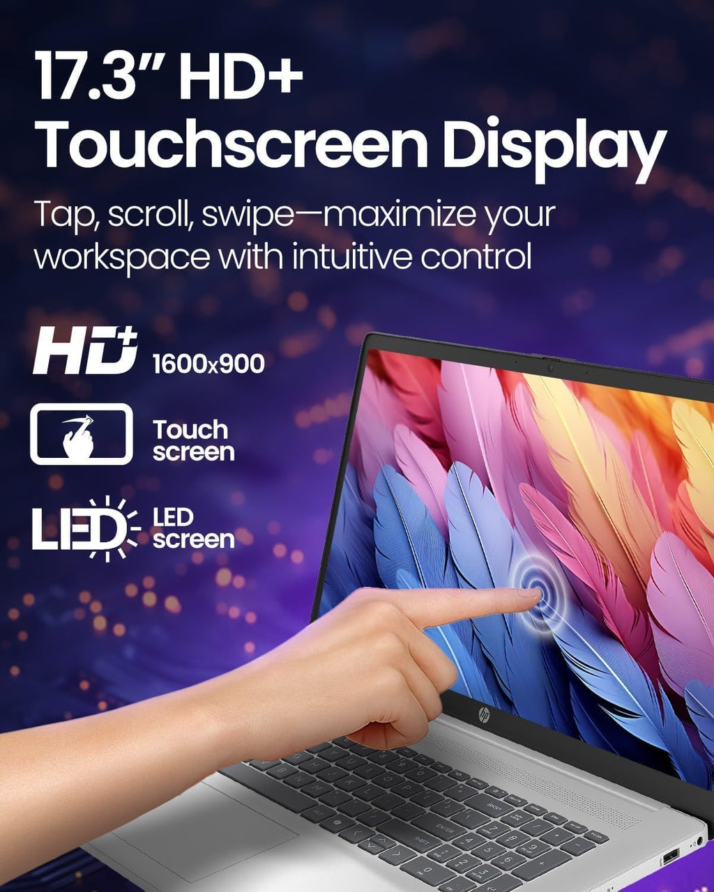 HP 17.3' AI Laptop, Intel Core Ultra 7 255U,16GB DDR5, 1TB SSD, HD Touchscreen, Backlit Keyboard, Windows 11 Home, Wi-Fi 6, Natural Silver