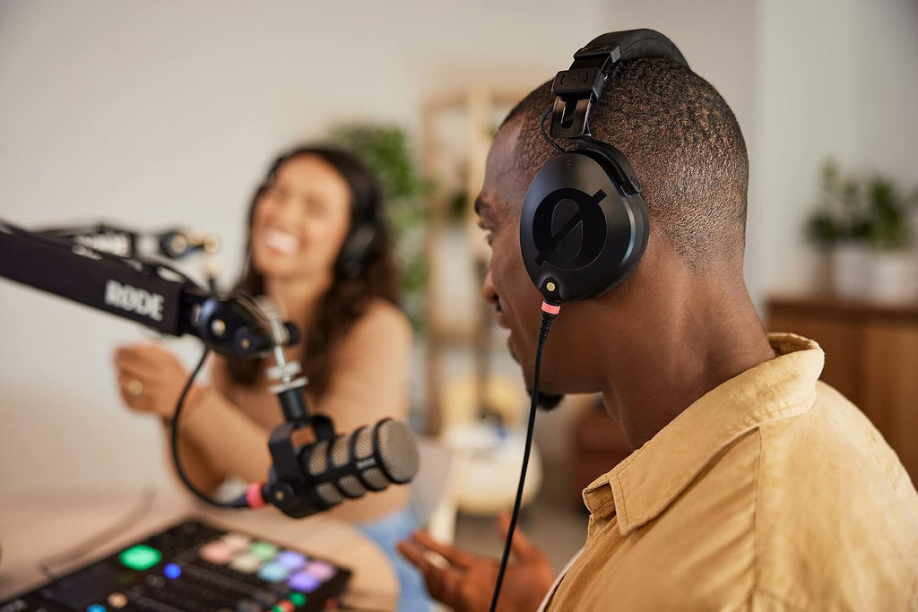 StreamEye Rode PodMic Dynamic Podcasting Microphones (Pair) with Rode PSA1 Microphone Boom Arms, Rode NTH-100 Professional Closed-Back Over Ear Headphones, XLR Cables Polishing Cloth
