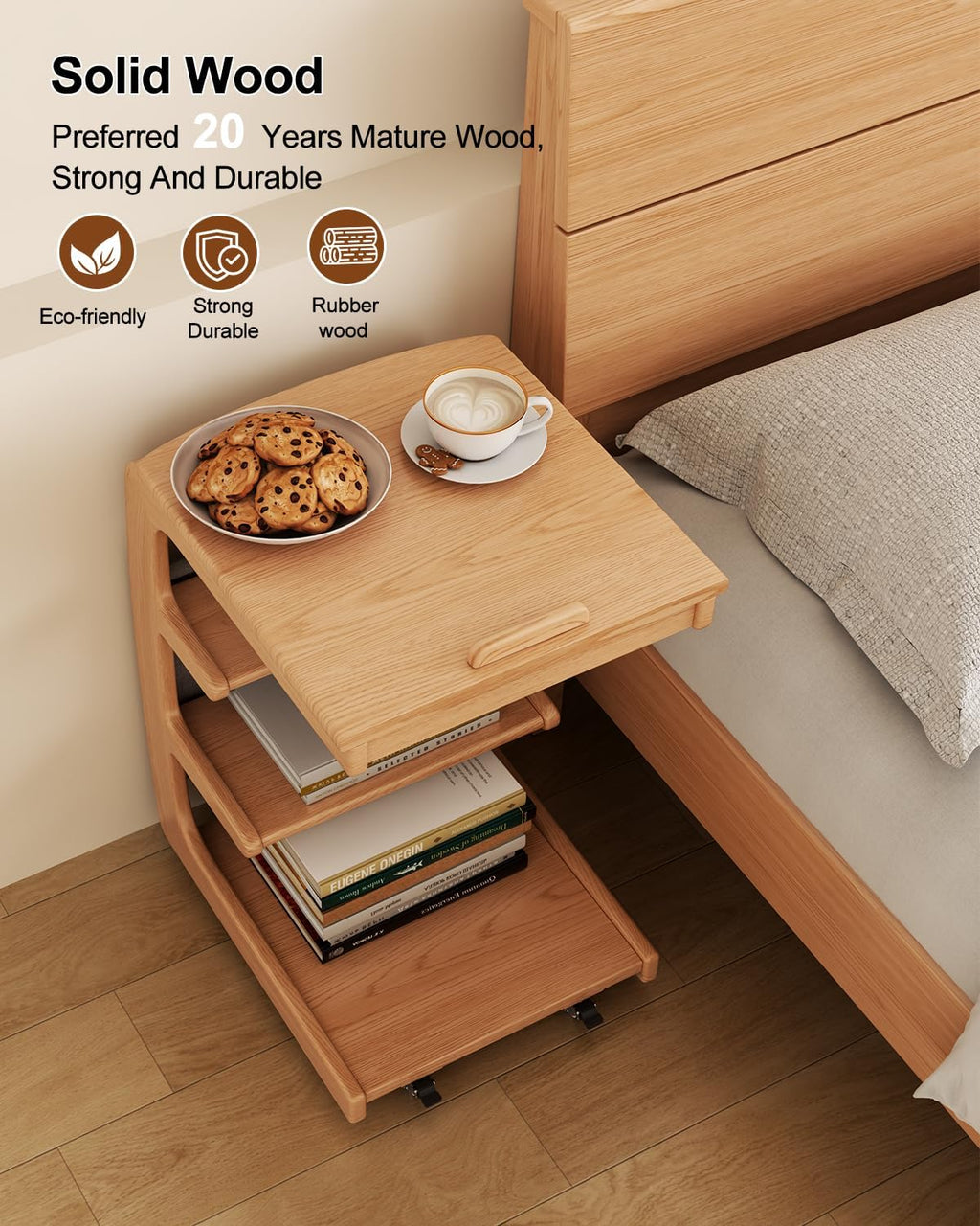 AQIMUELE Wooden C-Shaped End Table,Couch Desk with 2 Lockable Wheels,4-Tier Couch Table with Storage Bag,Small Rolling Side Table Tv Trays for Couch, Living Room,Bedroom (Natural)
