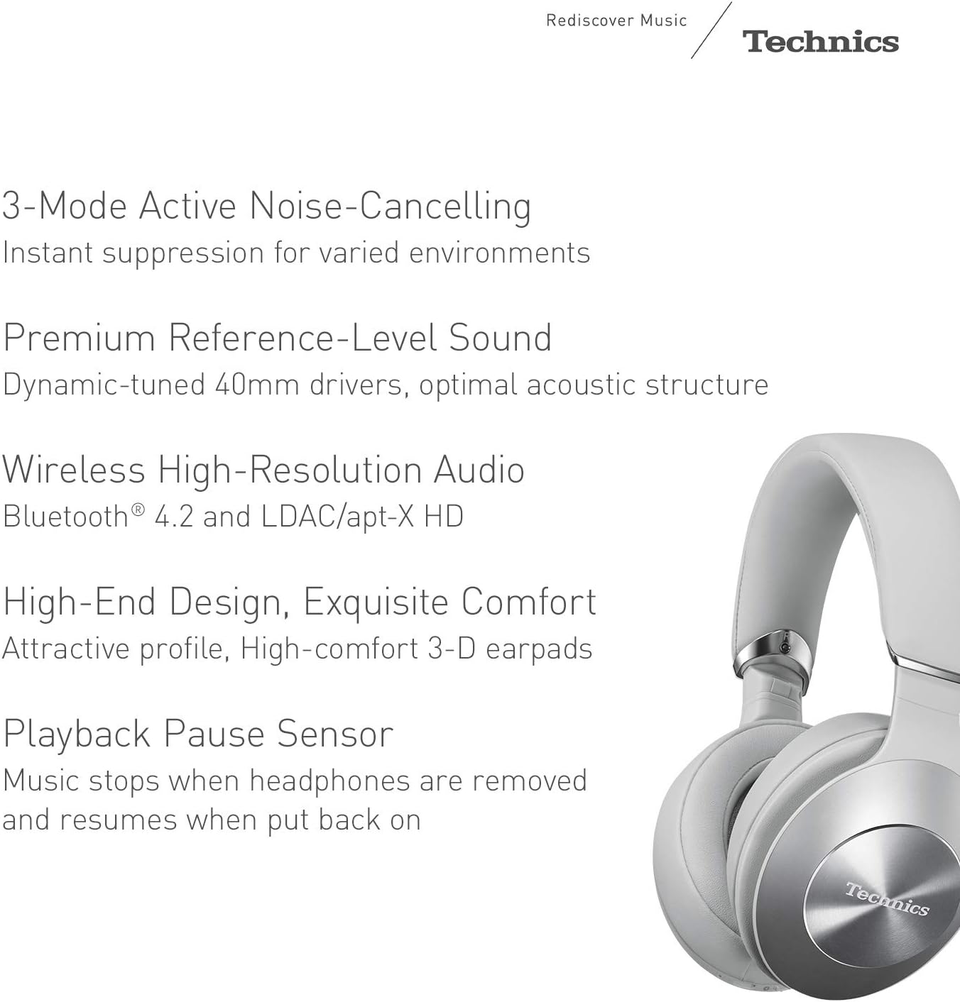 Technics Premium Hi-Res Wireless Bluetooth Stereo Headphones with 40 mm Dynamic-Tuned Drivers, 3-Mode Active Noise Cancelling, Ambient Sound Enhancer and Playback Pause Sensor - EAH-F70N-S (Silver)