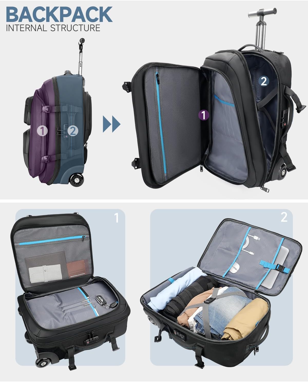 Carry on backpack with wheels, Rolling backpack with Dry-Wet Pocket, TSA Lock, Laptop Compartment, Water-Resistant for Men Women, Work, Air Travel（3-Piece Set-Includes Toiletry & Storage Bag）