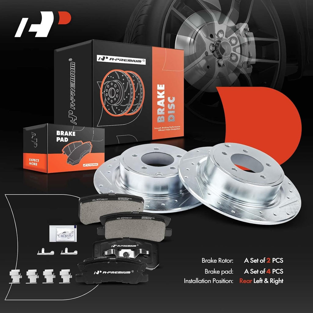 A-Premium 11.89 in (302mm) Rear Drilled and Slotted Disc Brake Rotors + Ceramic Pads Kit Compatible with Select Jeep, Chrysler, Dodge & Mitsubishi Models - Compass, Patriot, 200, Avenger, Sebring, RVR