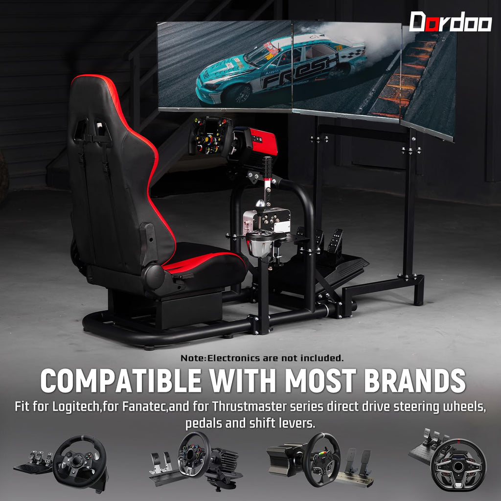 Dardoo Racing Simulator Cockpit Vertical Bracket with Triple Monitor Stand and Red Seat Fit for Logitech G29 G920 G923, for Thrustmaster T300RS CSL-DD, for Fanatec