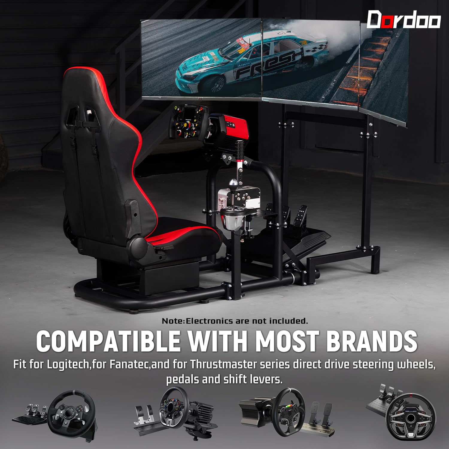 Dardoo Racing Simulator Cockpit Vertical Bracket with Triple Monitor Stand and Red Seat Fit for Logitech G29 G920 G923, for Thrustmaster T300RS CSL-DD, for Fanatec