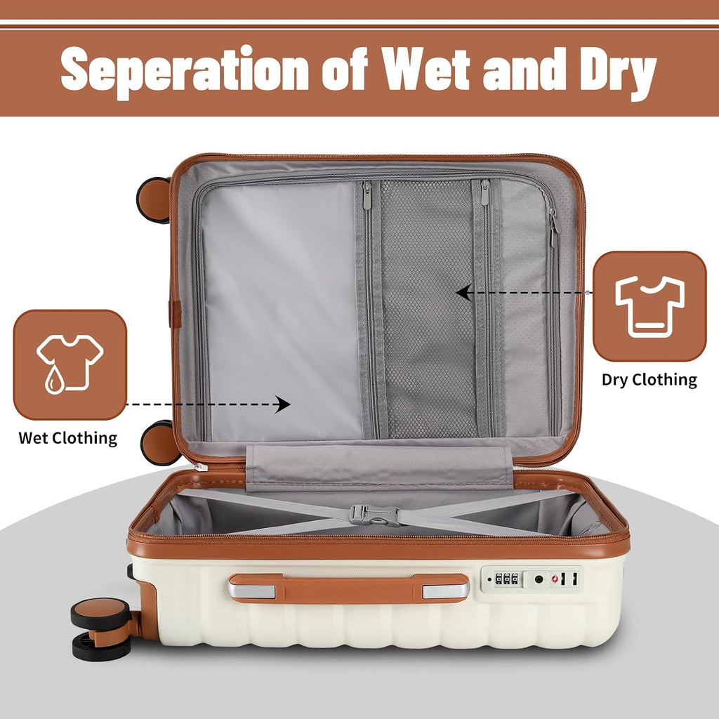 WireHot Lightweight Luggage with Spinner Wheels & YKK Zipper, 3-Piece Suitcase ABS+PC Hardside Luggage Set with TSA Lock for Women Men, Apricot Off White (20+24+28 inch)