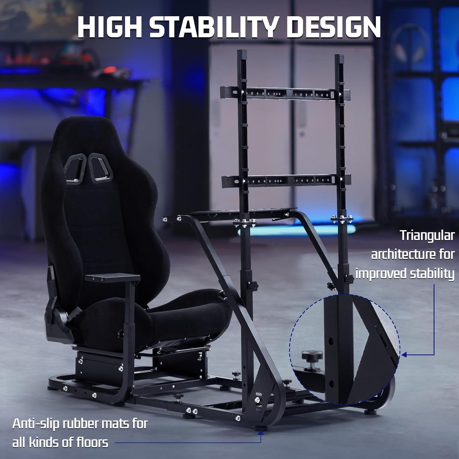 Marada Racing Cockpit Frame with TV Stand,Gear Mount & Black Seat Fit for Logitech G923 G920, for Thrustmaster T500 T3PA TGT, for Fantec, Height Adjustable,Wheel and Pedals Not Included