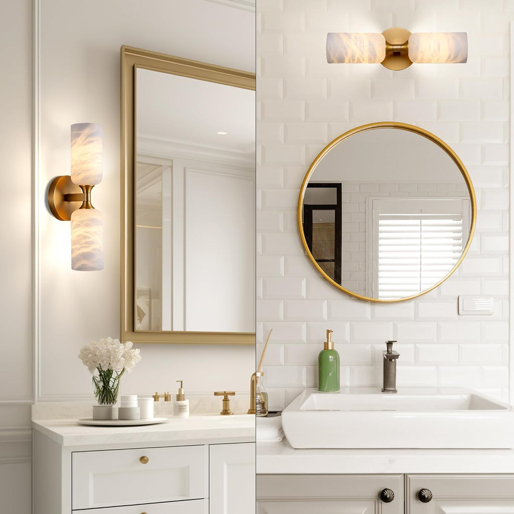 Alabaster Wall Sconce Set of 2, 14in Modern Brass Spanish Natural Marble Bathroom Vanity Sconces, Indoor Gold Wall Lighting Fixtures Decor for Bedroom Living Room Staircases