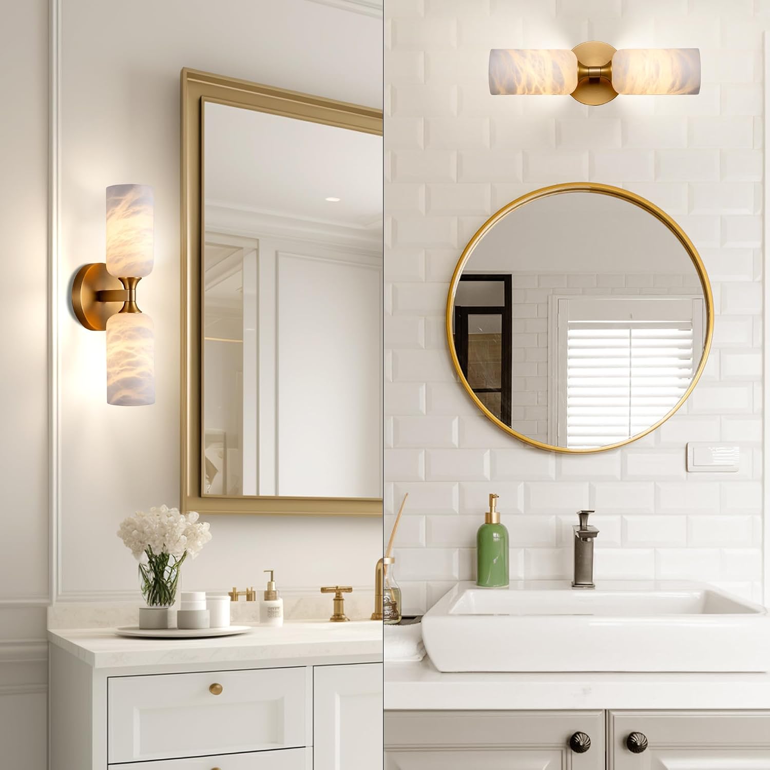 Alabaster Wall Sconce Set of 2, 14in Modern Brass Spanish Natural Marble Bathroom Vanity Sconces, Indoor Gold Wall Lighting Fixtures Decor for Bedroom Living Room Staircases