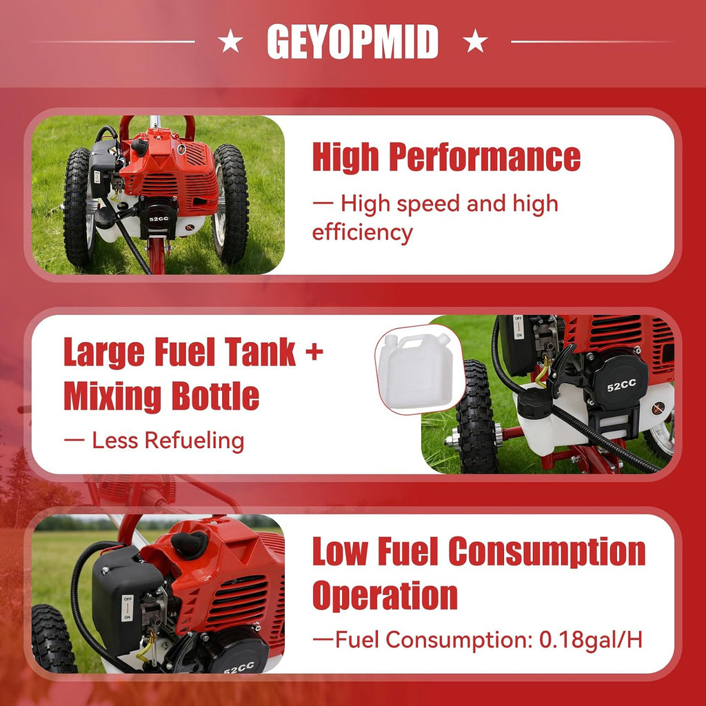 Walk Behind String Trimmer, 1.8KW Hand-Pull 2 Stroke Air-Cooled Single-Cylinder Lawn Mower Gas Powered 49CC 57.1X17.2X27.6 Inch Walk Behind Weed Trimmer for Lawn Garden