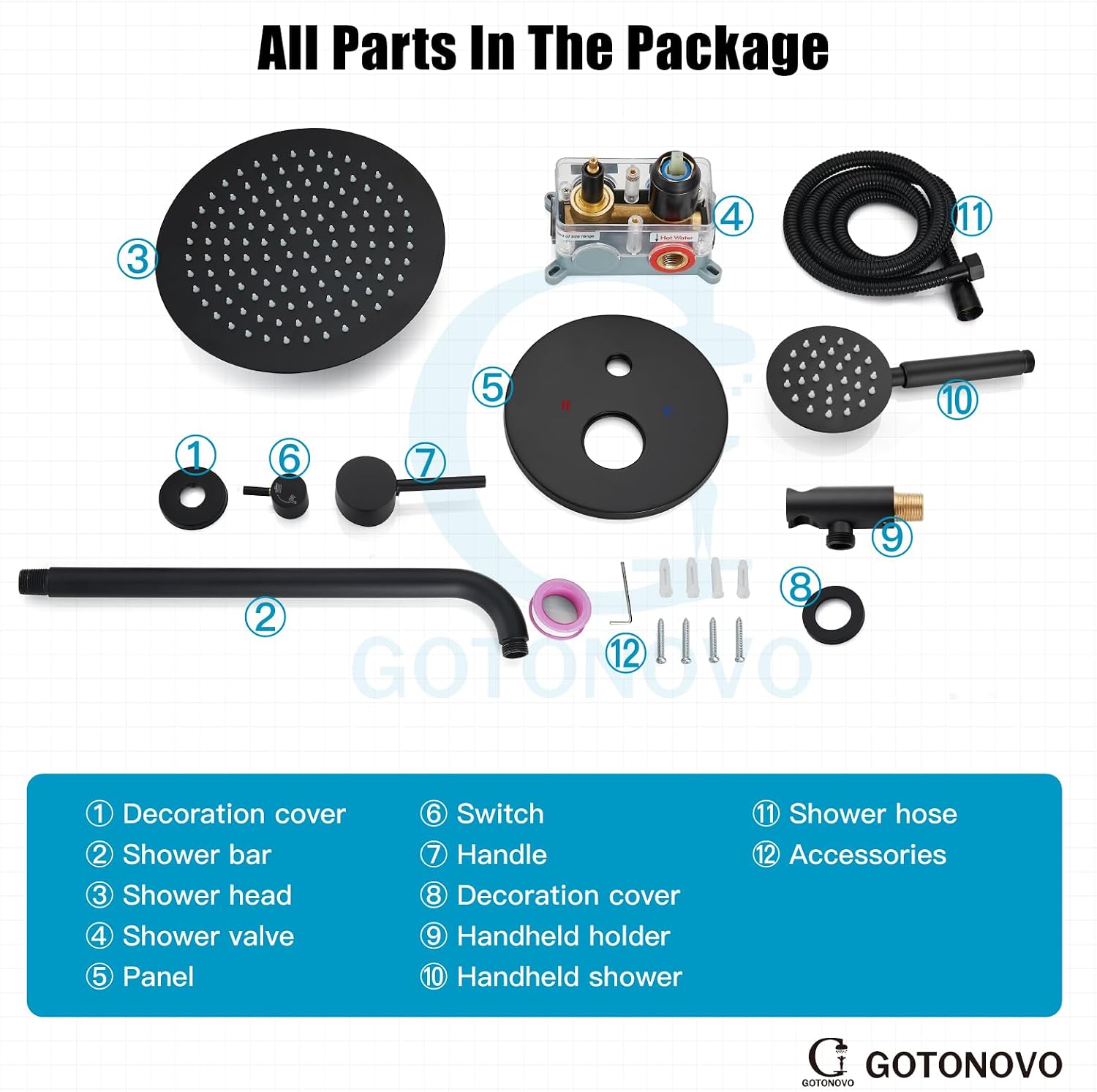 gotonovo Rain Shower System with 10 Inch Round Showerhead and Handheld High Pressure Shower Faucet Set Contain Rough in Valve, Matte Black