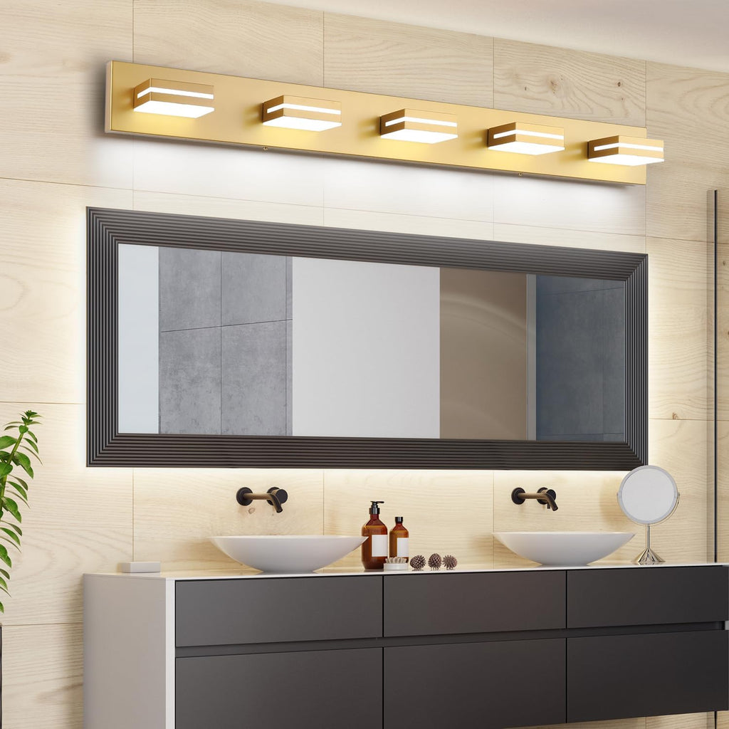 SineRise LED Modern Bathroom Vanity Light Fixtures (6-Light, 48-Inch), Matte Gold Modern Acrylic Bathroom Wall Lighting Fixtures Over Mirror (Cool White 6000K)