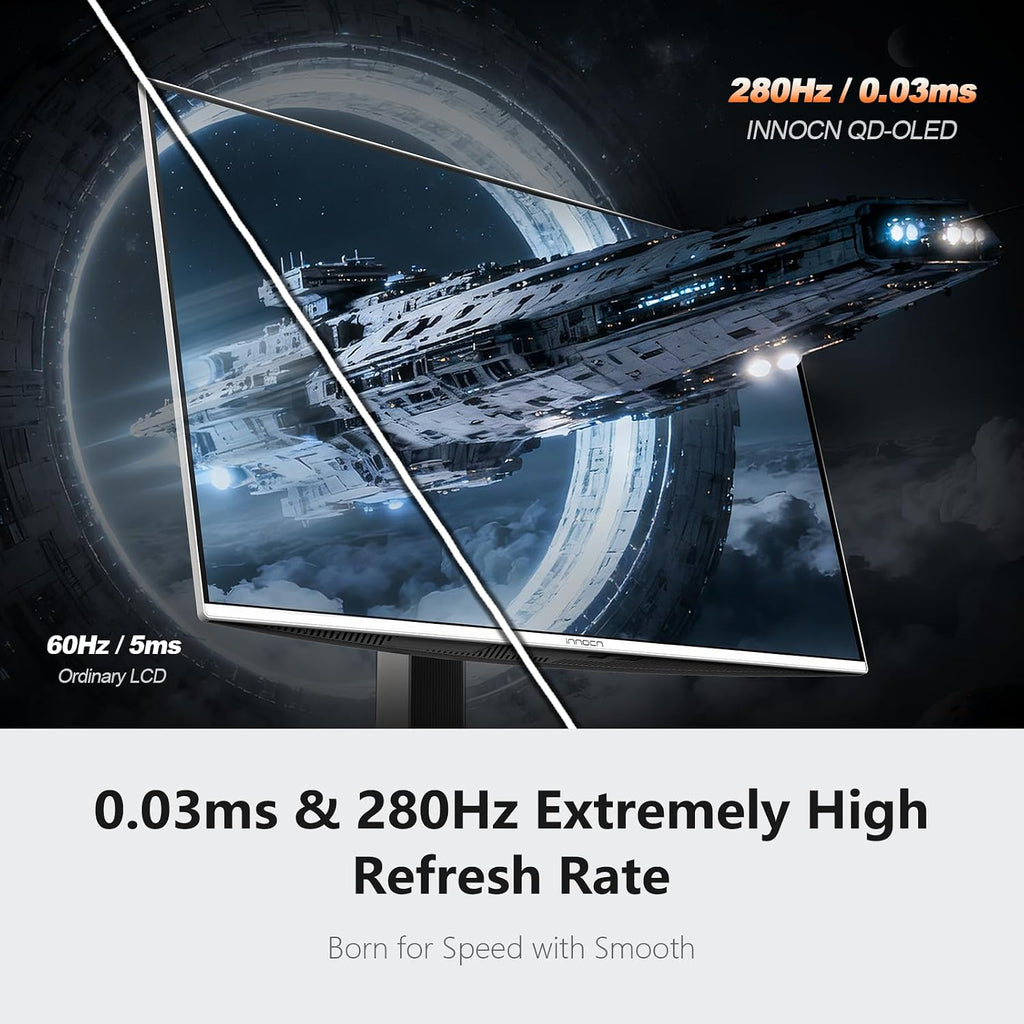 INNOCN 27' QD-OLED 2K QHD 2560 x 1440P 280Hz 240Hz PC Computer Gaming Console Monitor, 0.03ms, HDR400, HDMI, DisplayPort, Built-in Speaker, Height Pivot Adjustable Stand - 2780s
