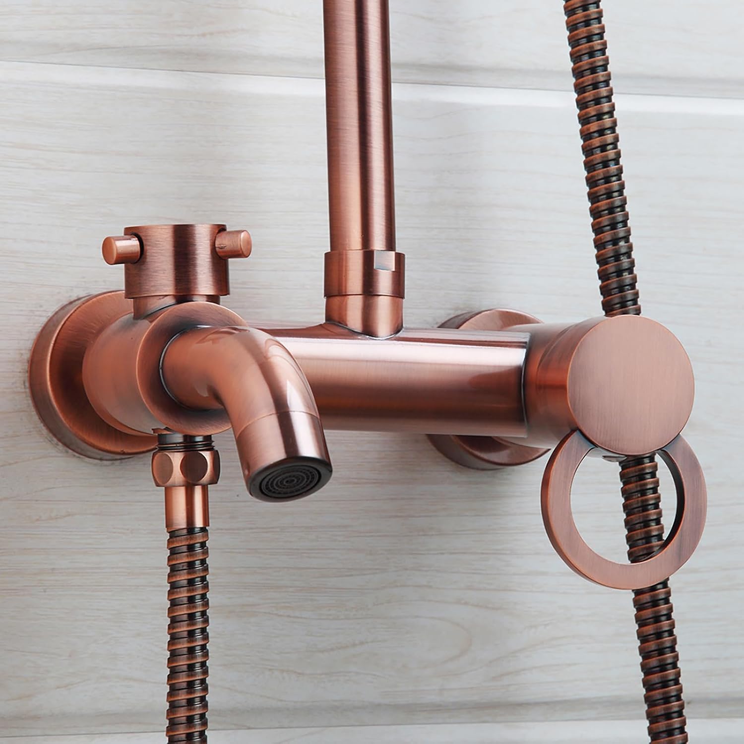 Vintage Copper Exposed Shower System with 8 inch Rainfall Shower Head and Bath Tub Spout,Multi-Mode Exposed Shower Fixture with Handheld Shower Wall Mounted for Bathroom