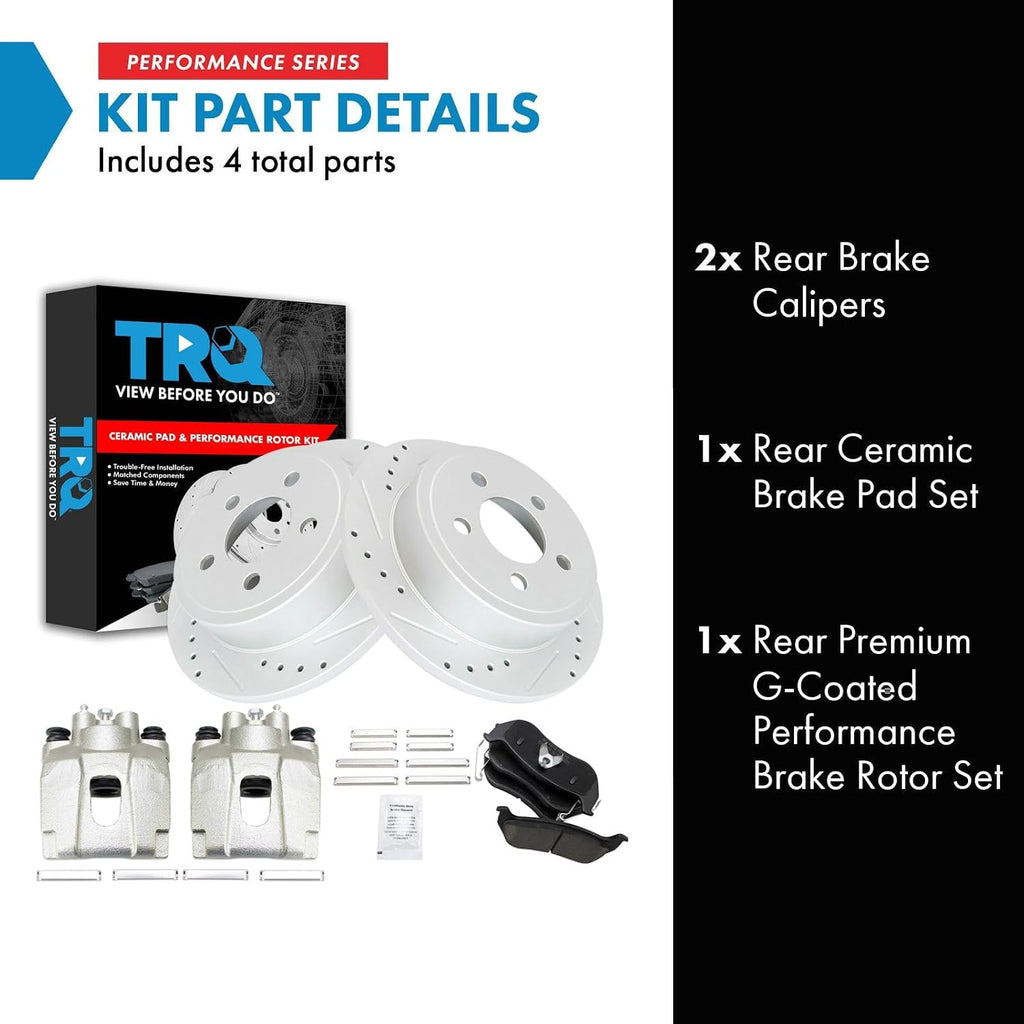 TRQ Performance Rear Brake Pad and Rotor Set Ceramic Coated Slotted Drilled Solid Rotors Calipers Compatible with 2003-2007 Jeep Liberty 2003-2006 Wrangler