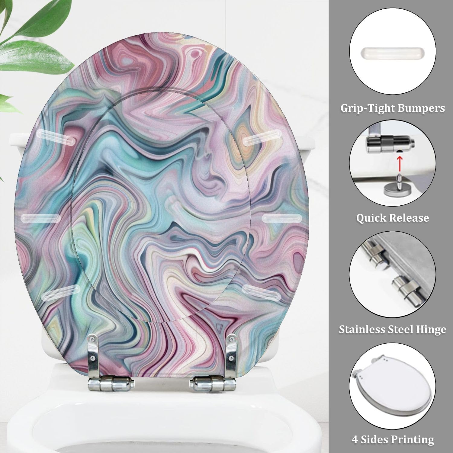 Round Toilet Seat Seamless pattern liquid fluid marble texture colourful pastel paint Resin Toilet Seat Quietly Close Quick Release Hinges Decorative Toilet Seat with Cover Easy to Install