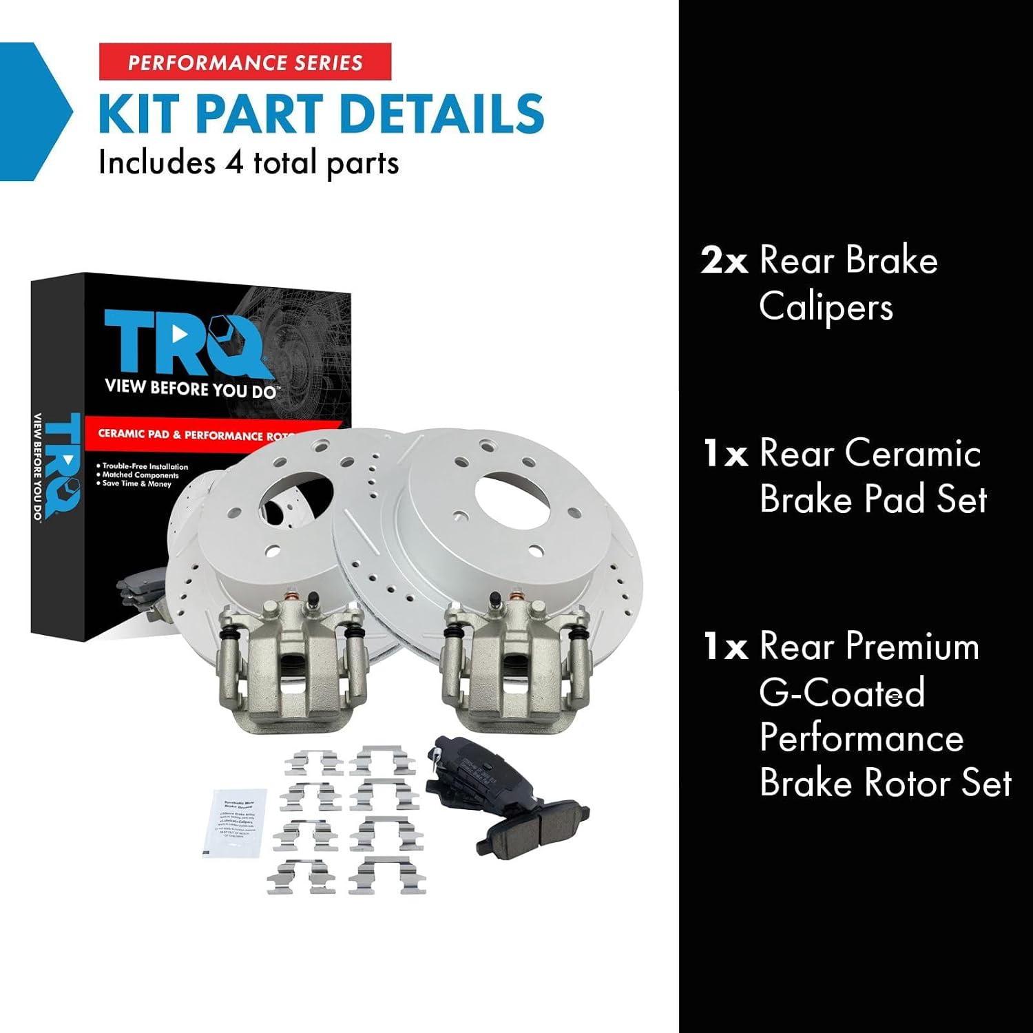 TRQ Performance Rear Brake Pad and Rotor Set Ceramic Vented Coated Rotors Calipers Compatible with 2003-2005 Infiniti G35 350Z