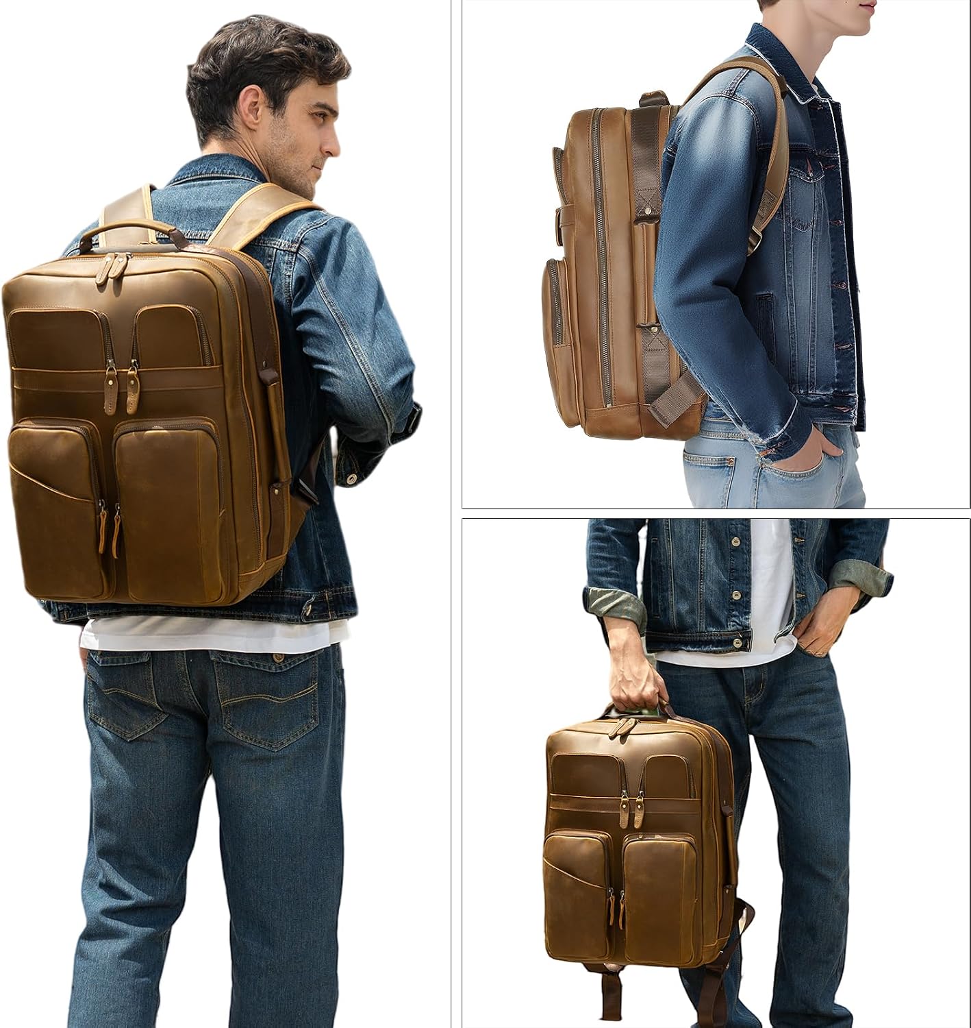 TIDING 17.3 Inch Full Grain Leather Laptop Backpack for Men Multi Pockets Casual Daypack Travel Rucksack