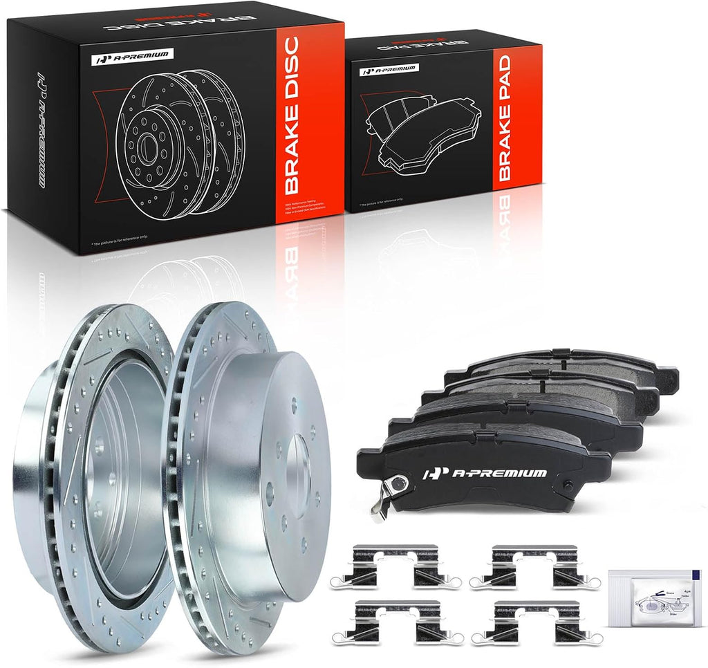 A-Premium 11.24 inch (285.5mm) Rear Drilled and Slotted Disc Brake Rotors + Ceramic Pads Kit Compatible with Select Nissan and Suzuki Models - Frontier 2005-2019, Xterra 2005-2015, Equator 2009-2012