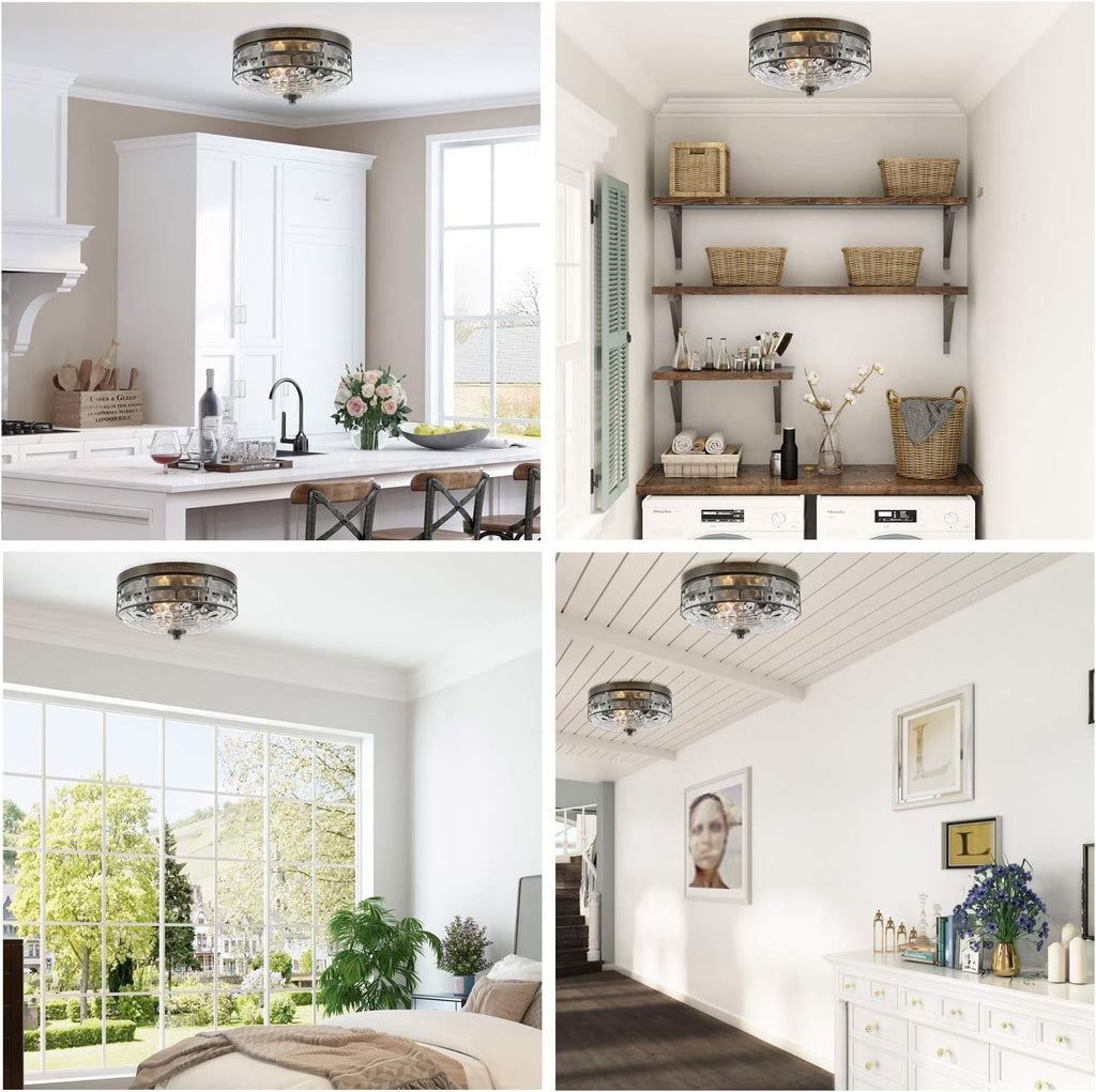 KSANA Farmhouse Faux Wood Flush Mount Ceiling Light Fixture with Water Ripple Glass for Bedroom, Hallway, Kitchen, Dining & Living Room, Foyer and Bathroom