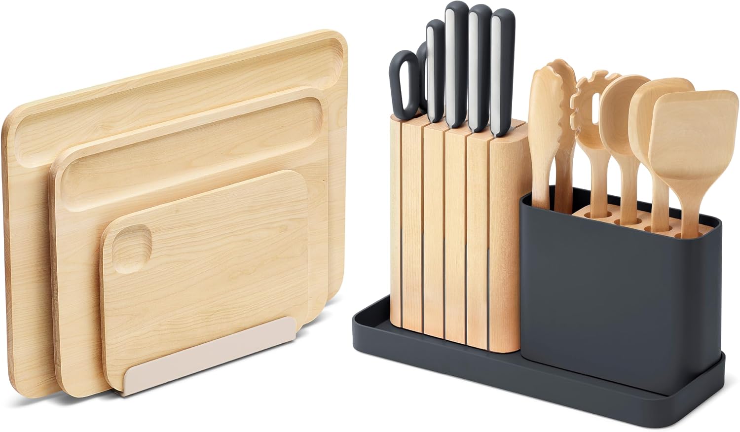 Caraway Kitchen Prep & Cutting Board Set - Kitchen Knife Set & Wooden Utensil Set & 3 Wood Cutting Boards - Non-Toxic Materials - Includes Organizers - Charcoal