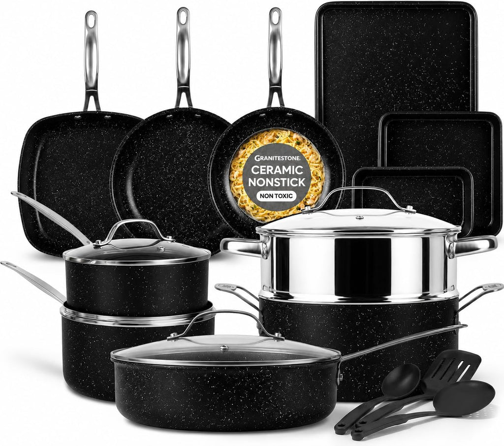 Granitestone Ceraluxe 20 Pc Ceramic Cookware Set Nonstick, Complete Pots and Pans Set Non Stick for Kitchen with Bakeware, Utensils & Steamer, Non Toxic Made Without PFOA PFOS, Oven & Dishwasher Safe