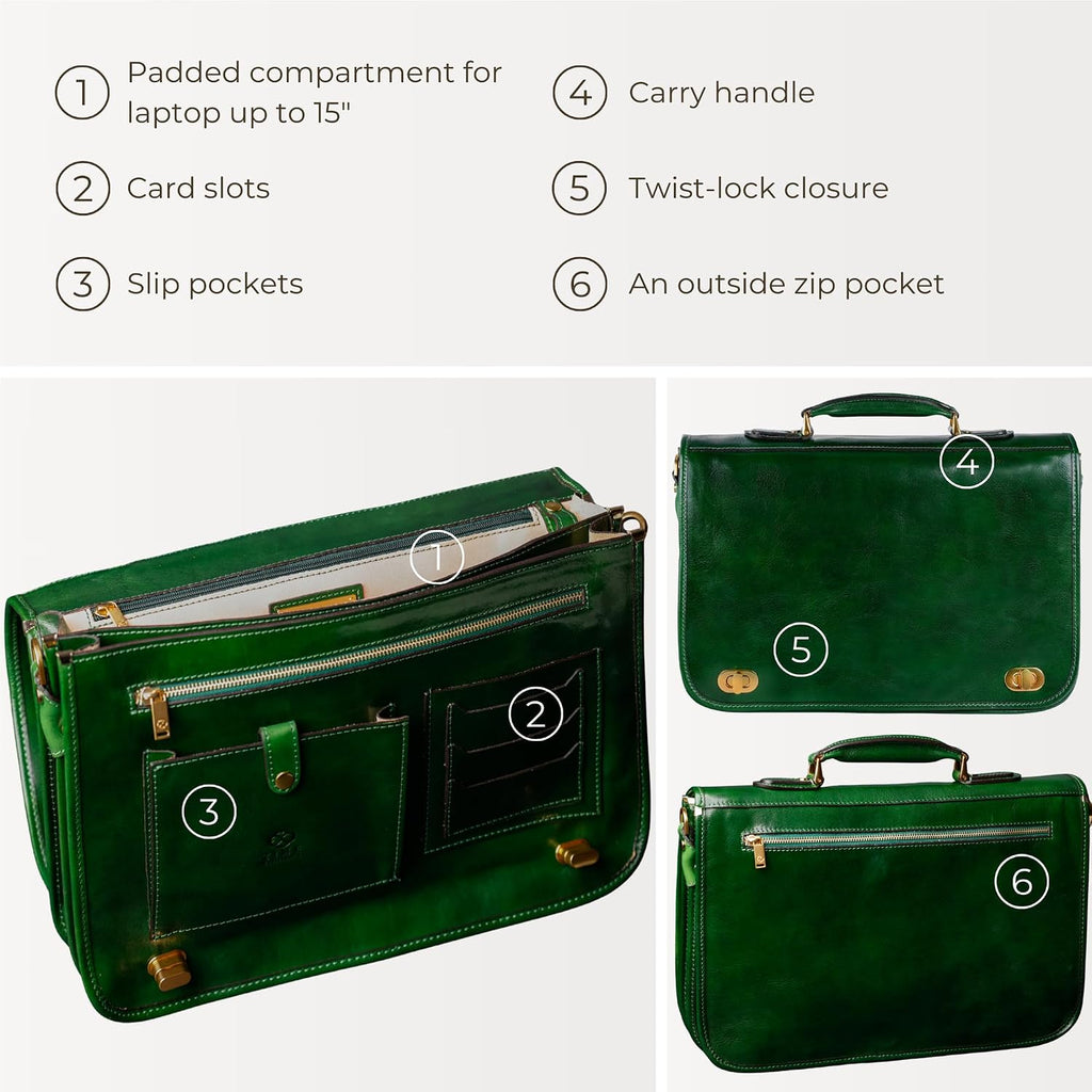 Time Resistance Leather Briefcase for Men - Italian Full Grain Leather Laptop Bag - Messenger Bag - Gift Box Included