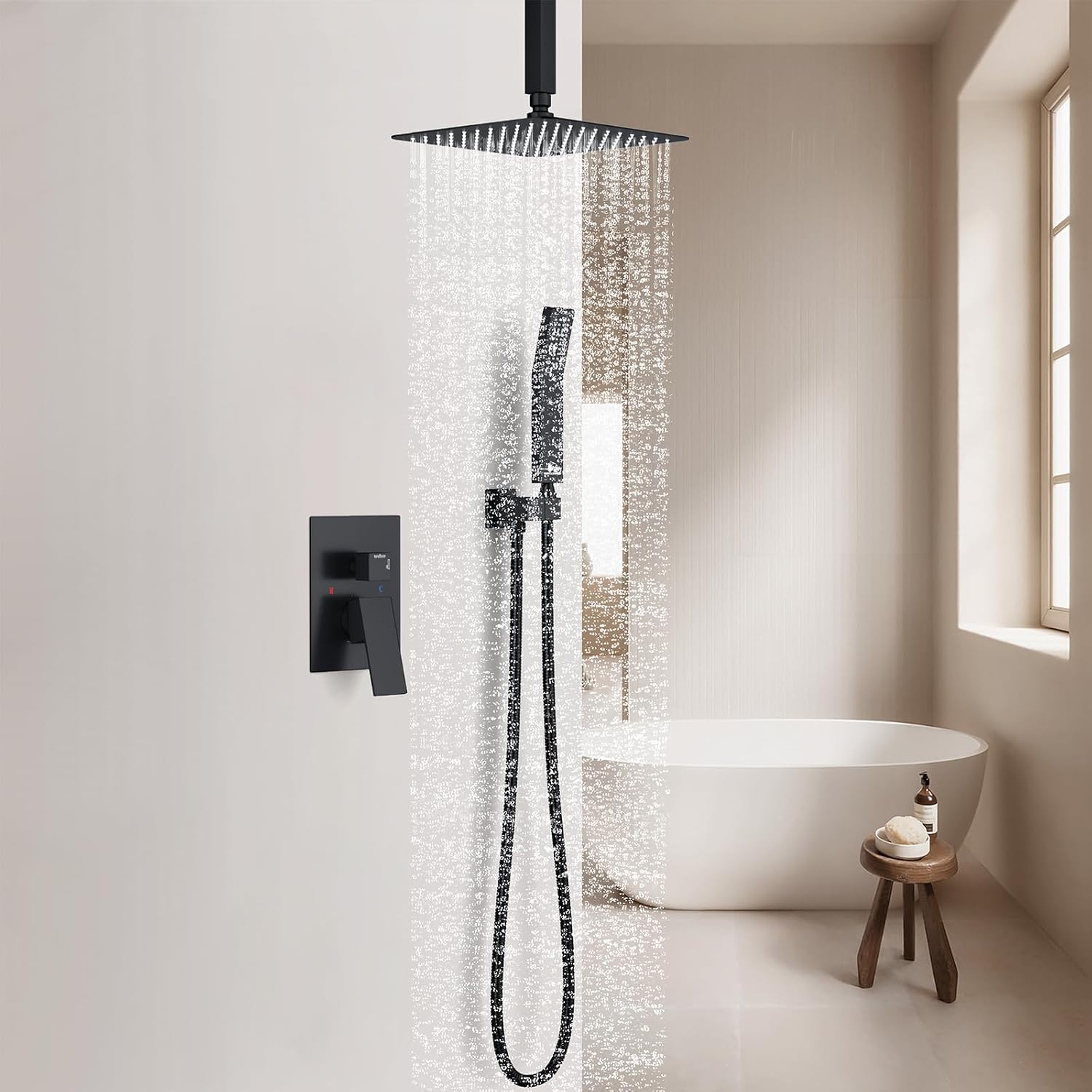 SunCleanse Rainfall Shower Faucet Set Matte Black Shower Combo Set for Bathroom with High Pressure 10 inch Shower Head with Handheld Shower Valves Shower Head and Handheld Ceiling Mounted