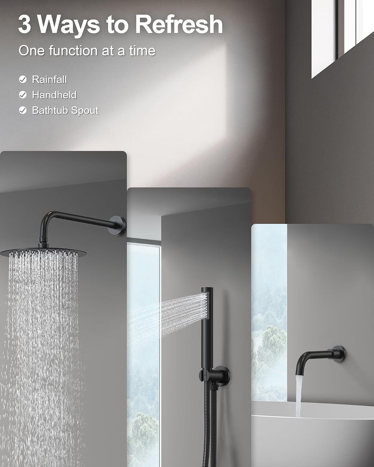 10 Inch Round Shower Faucet Set with Tub Spout, High Pressure Rainfall Shower Head and Handheld Sprayer Combo, Matte Black