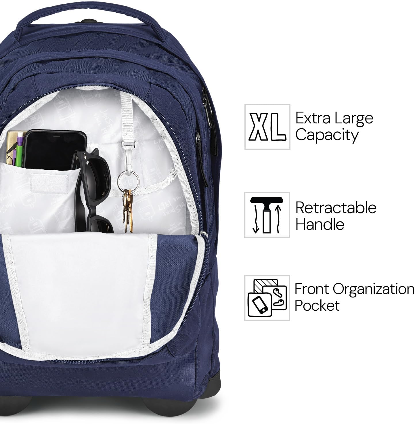 JanSport Driver 8 Rolling Backpack - Wheeled Travel Bag with 15-Inch Laptop Sleeve, One Size, Navy