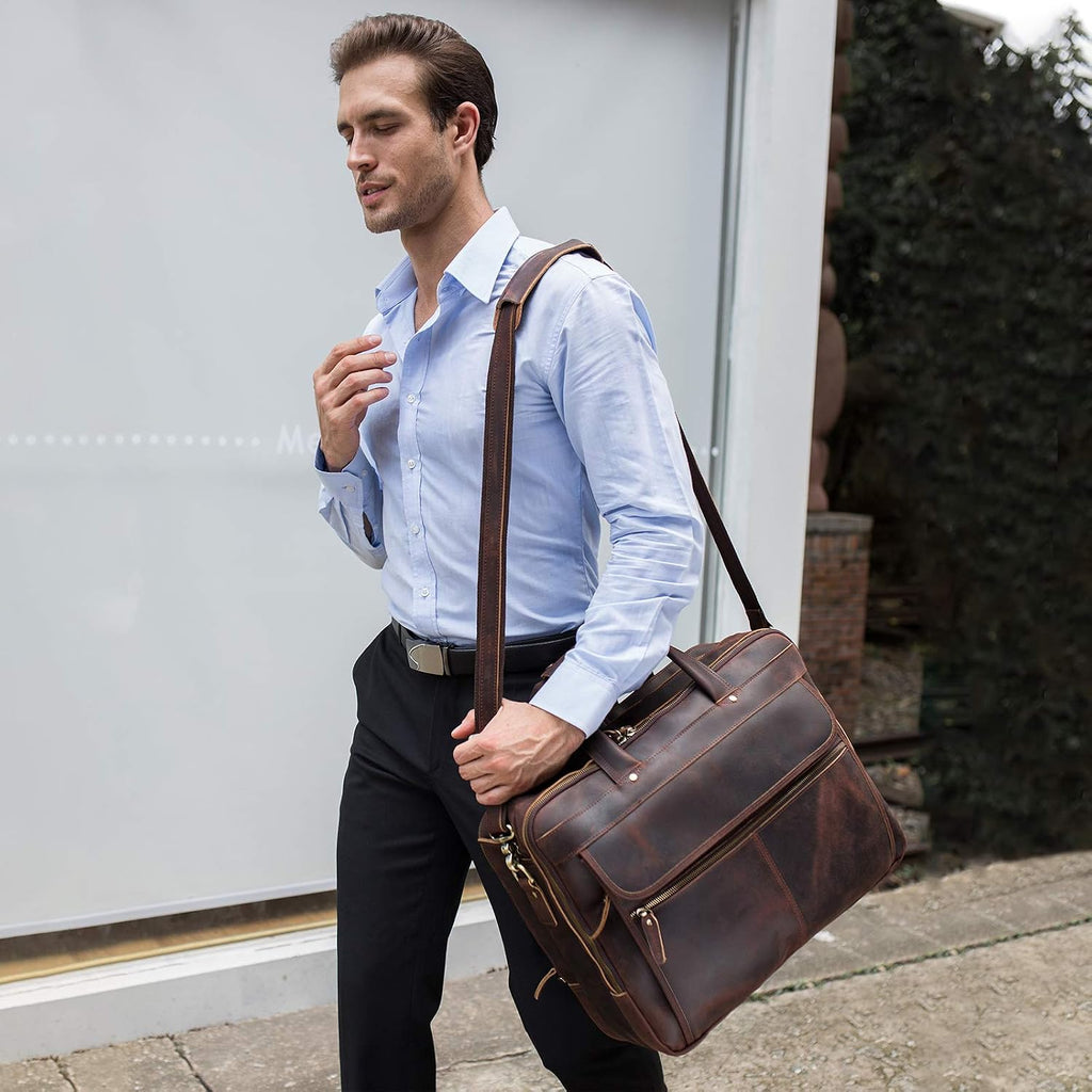 Polare 18'' Thick Full Grain Leather Fit 17.3' Laptop Business Briefcase Work Bag Overnight Bag For Men