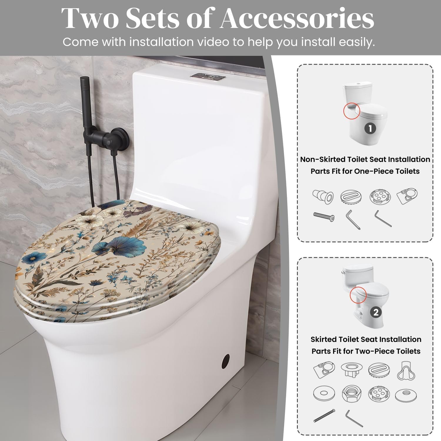 Elongated Toilet Seat Elegant Floral Blue White Golden Accents Butterflies Resin Toilet Seat Quietly Close Quick Release Hinges with Cover Bumpers Decorative Easy to Install Clean