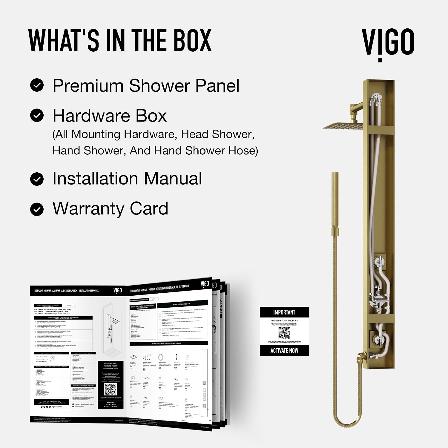 VIGO Orchid 39 in. H x 4 in. W 2-Jet Shower Panel System with Square Head and Hand Shower Wand in Matte Brushed Gold VG08014MG