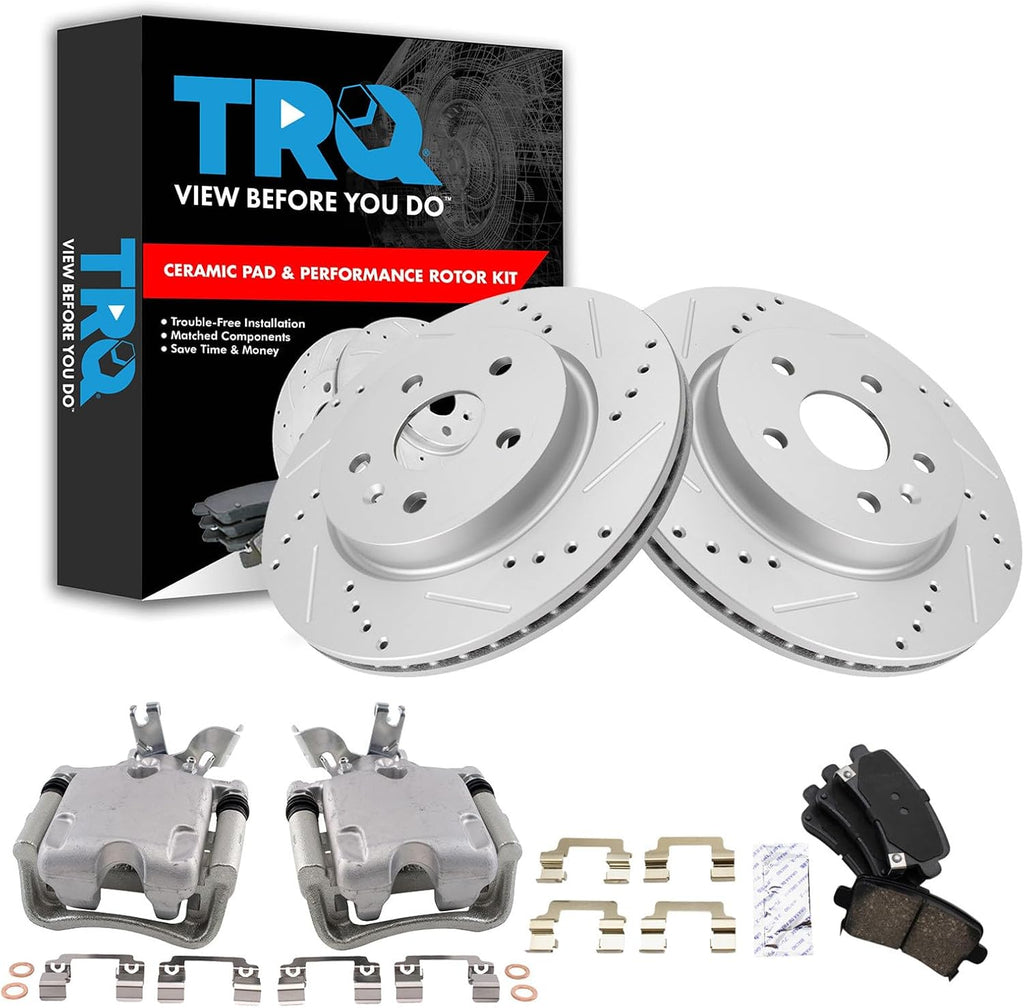 TRQ Performance Rear Brake Pad and Rotor Set Ceramic Vented Coated Rotors Calipers Compatible with 2014-2015 Chevrolet Malibu