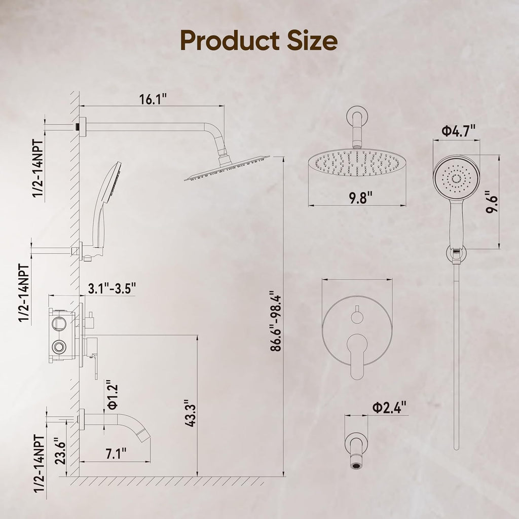 Shower System with Tub Spout, Shower Faucet Set with 10-Inch Rain Shower Head, Handheld Shower head and Shower Faucet Trim valve, Wall Mounted Bathroom Shower Combo Set, Matte Black