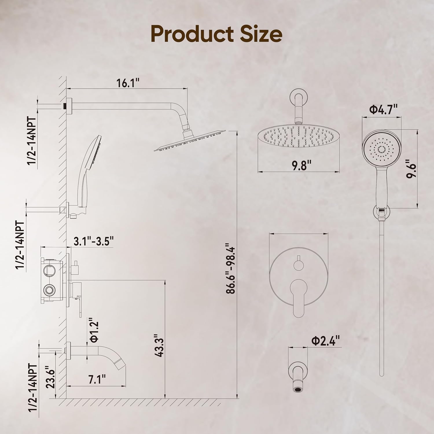 Shower System with Tub Spout, Shower Faucet Set with 10-Inch Rain Shower Head, Handheld Shower head and Shower Faucet Trim valve, Wall Mounted Bathroom Shower Combo Set, Matte Black