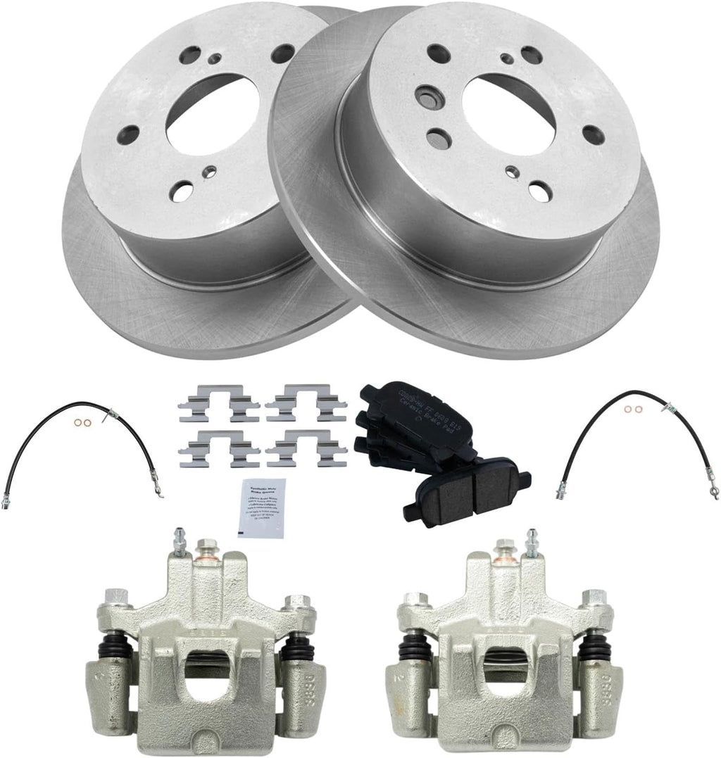 TRQ Rear Brake Pad and Rotor Set Ceramic Rotors Calipers Hoses Compatible with 2005-2007 Toyota Avalon 2002-2006 Camry 2004-2008 Solara