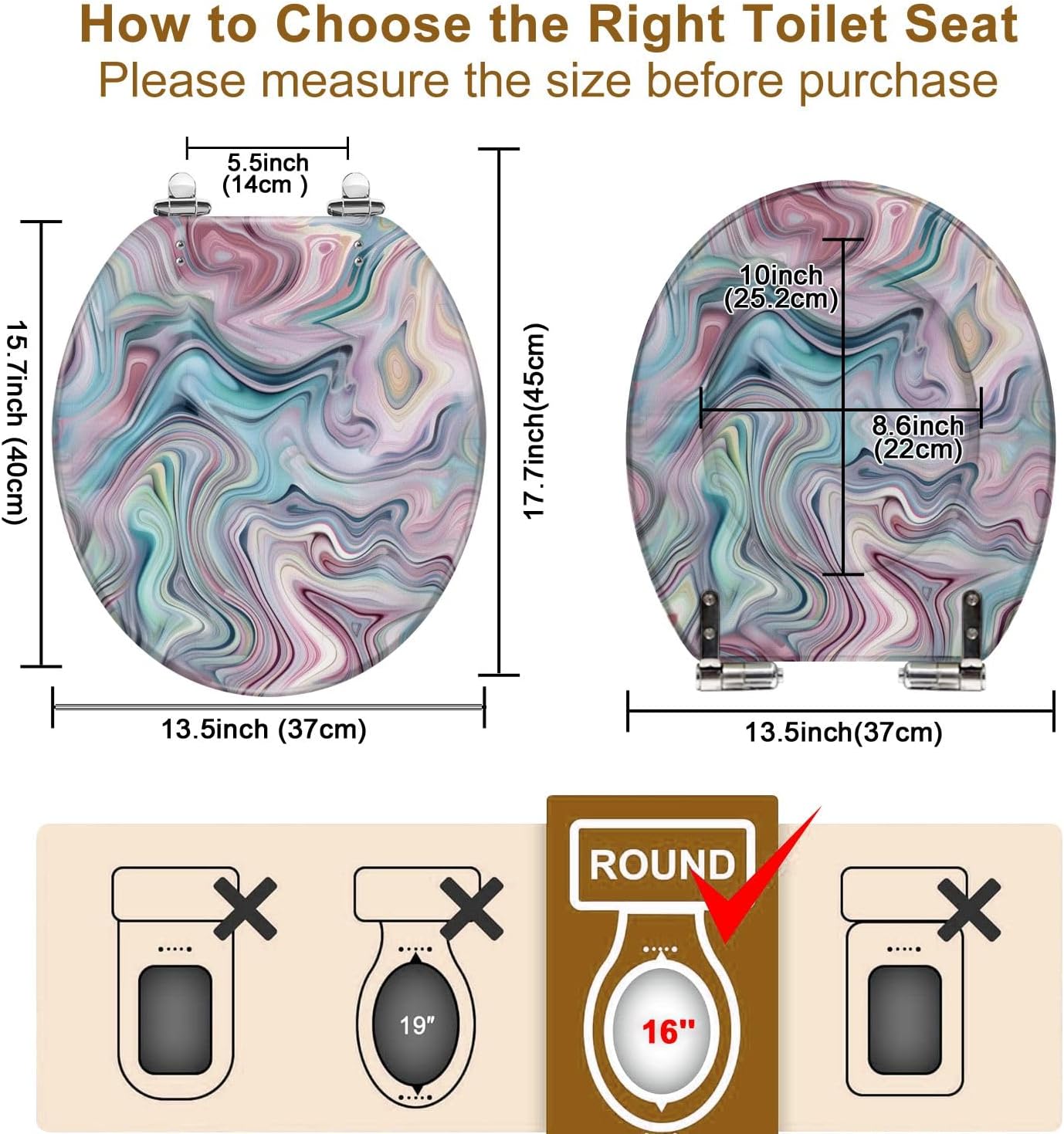 Round Toilet Seat Seamless pattern liquid fluid marble texture colourful pastel paint Resin Toilet Seat Quietly Close Quick Release Hinges Decorative Toilet Seat with Cover Easy to Install